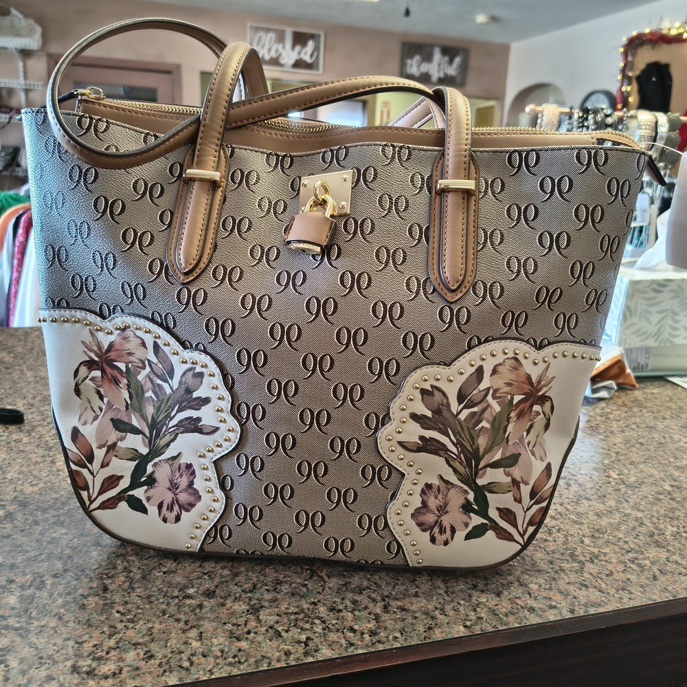 Nine West Tan and Cream Floral-Accent Tote